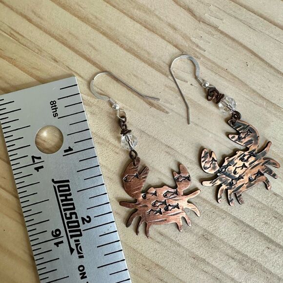 Handmade Copper Crab Earrings with Etched Fish & Crystal Beads - Picture 9 of 10
